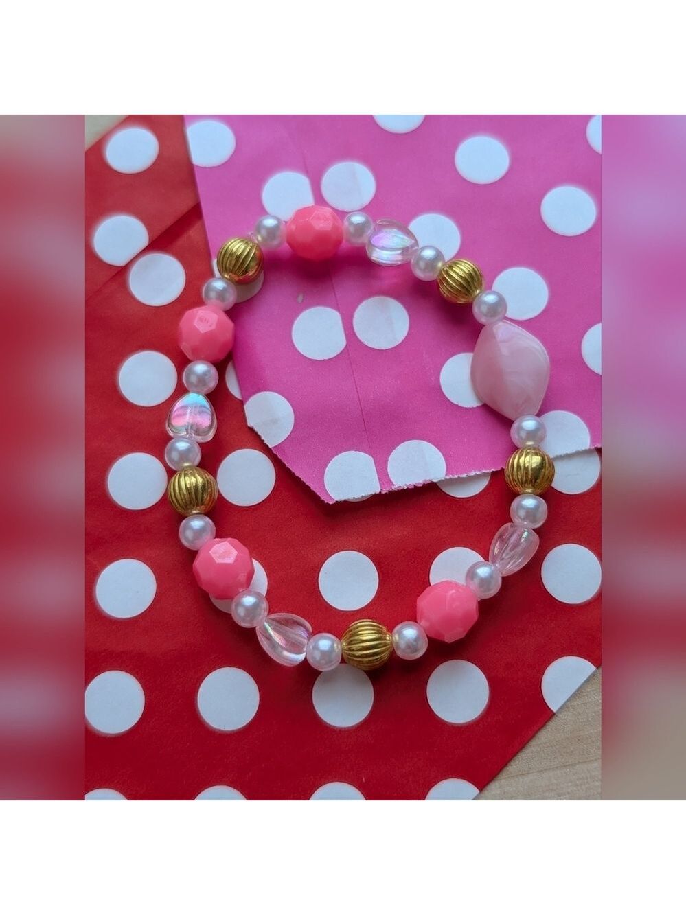 Pink and Gold Beaded Stretch Bracelet - Picture 3 of 4